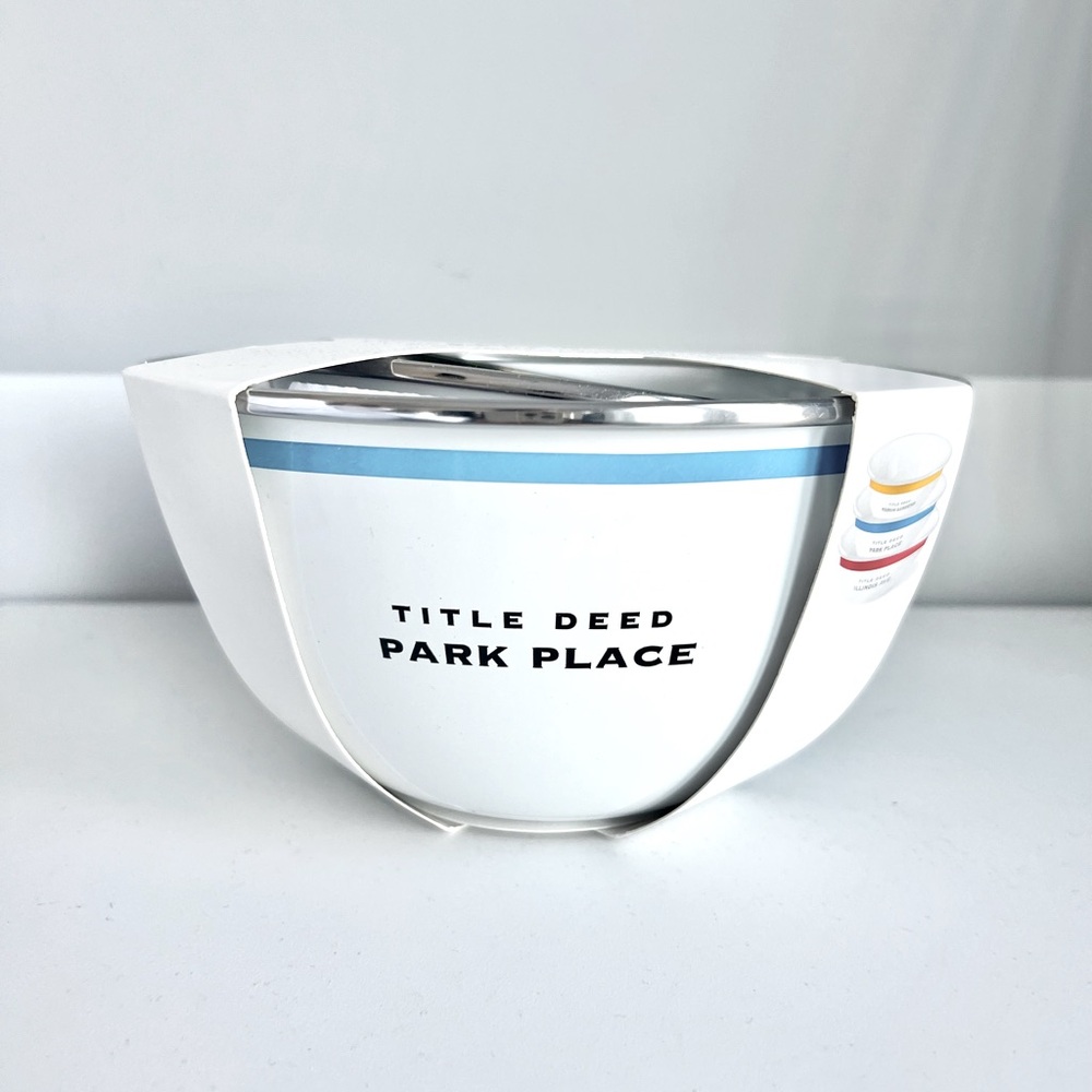 Hasbro Set of 3 Porcelain Enamel Nesting Snack Bowls Monopoly Game Design NEW